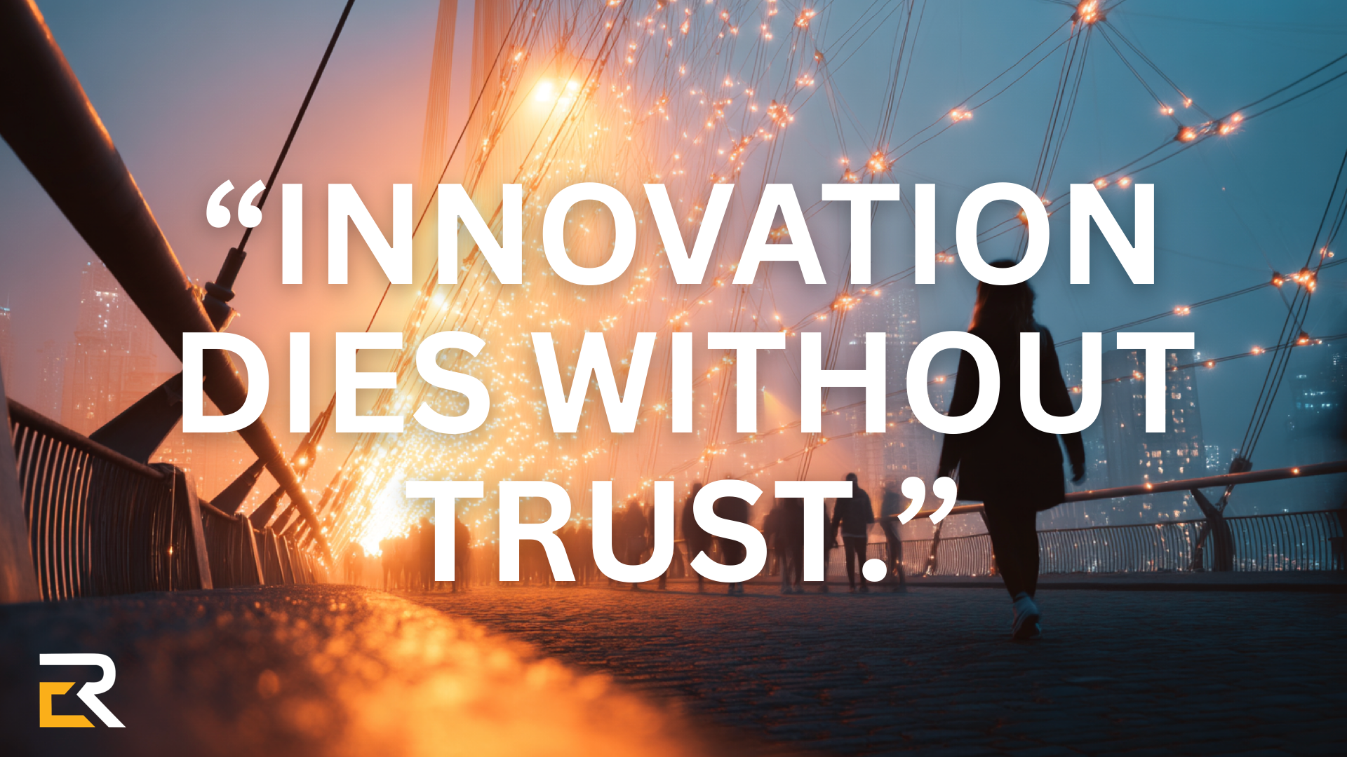 People walking across a glowing modern bridge symbolizing trust, connection, and navigating change in a digital age.