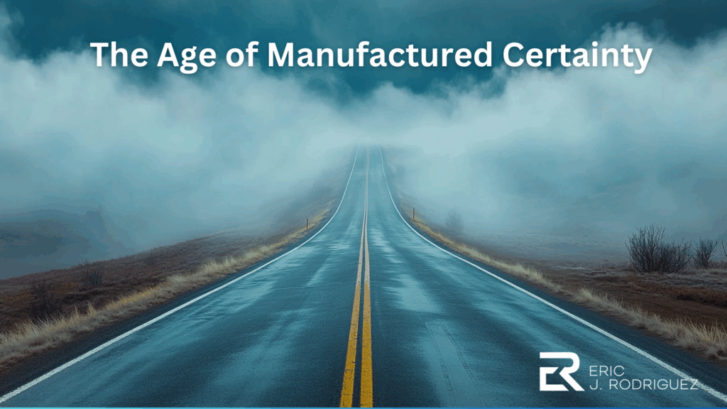 A long empty road disappearing into dense fog with only the first few feet visible, symbolizing navigating uncertainty.