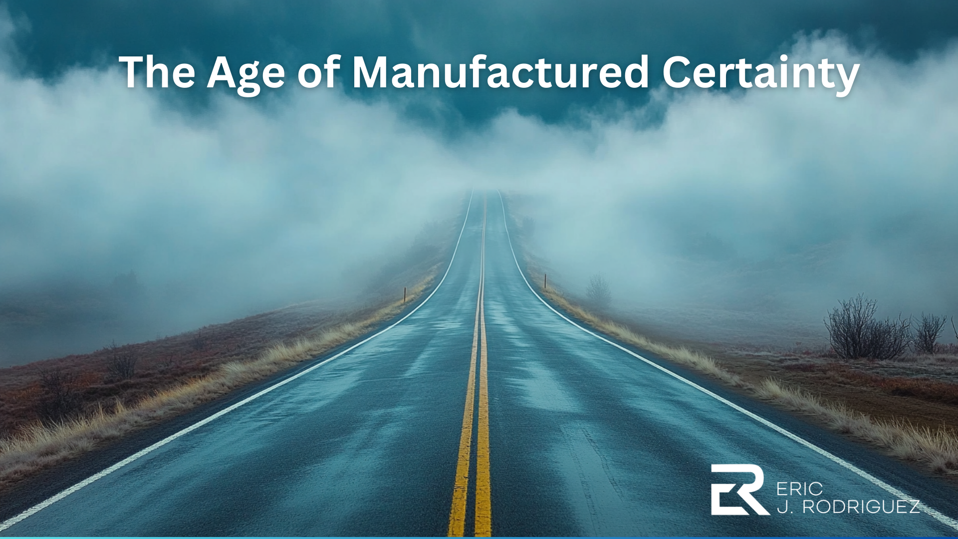 A long empty road disappearing into dense fog with only the first few feet visible, symbolizing navigating uncertainty.