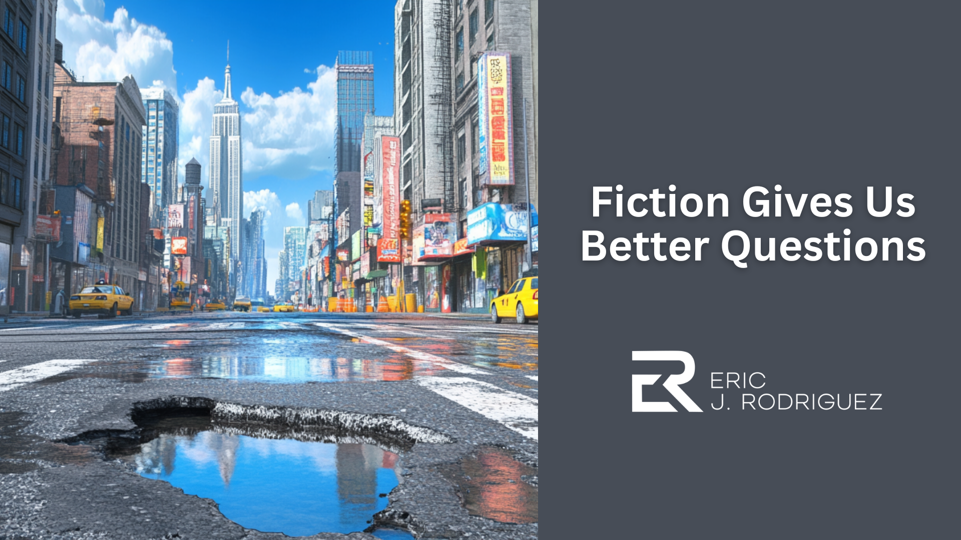 A city street with cars and taxis moving through an otherwise orderly environment, interrupted by a visible pothole in the road.