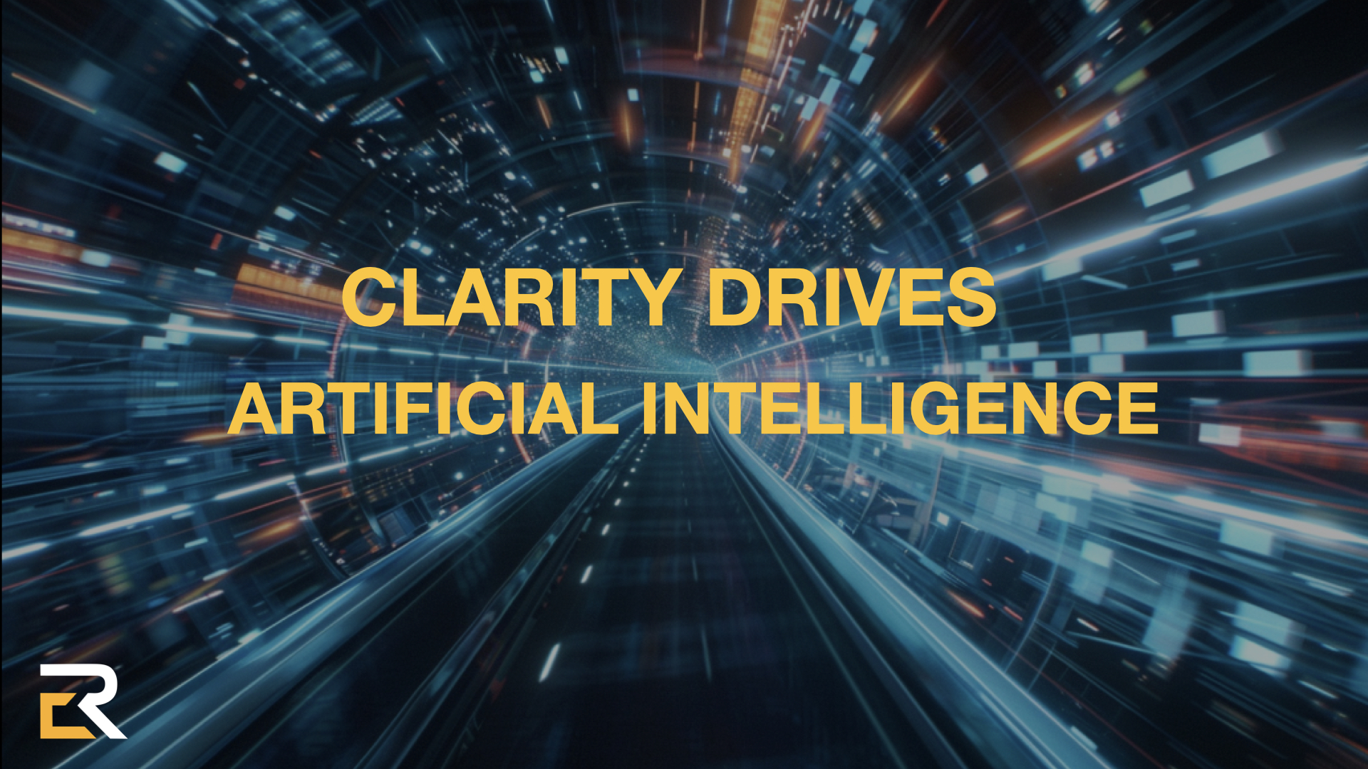 Clarity drives AI leadership concept with fast moving data background representing digital transformation and human-centered AI decision making