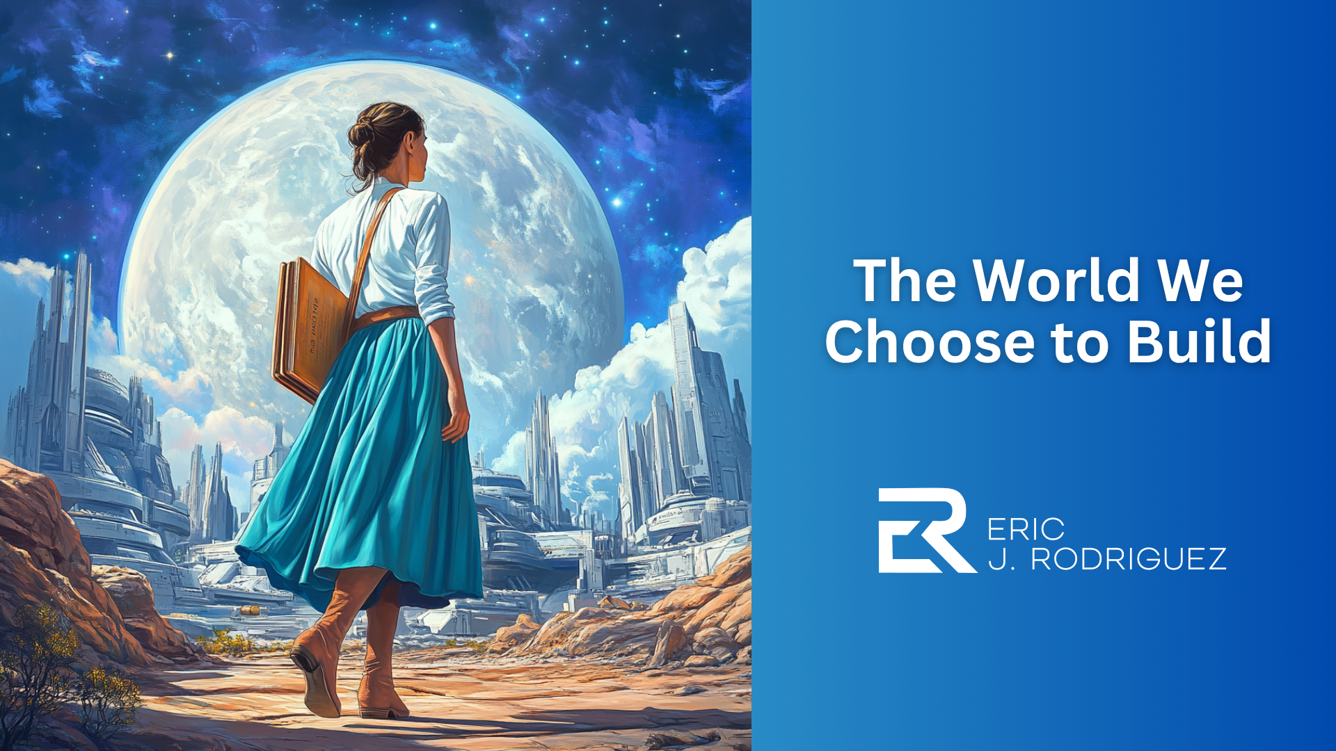A woman walks through a futuristic landscape toward a luminous city beneath a massive moon, symbolizing humanity’s choice to build a more hopeful and just world.